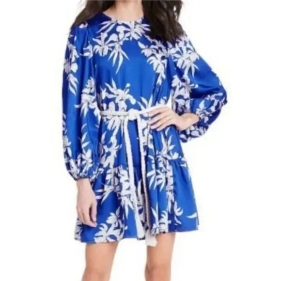 Alexis X Target Blue White Floral Long Sleeves Tiered Satin Mini Dress M - Picture 3 of 13